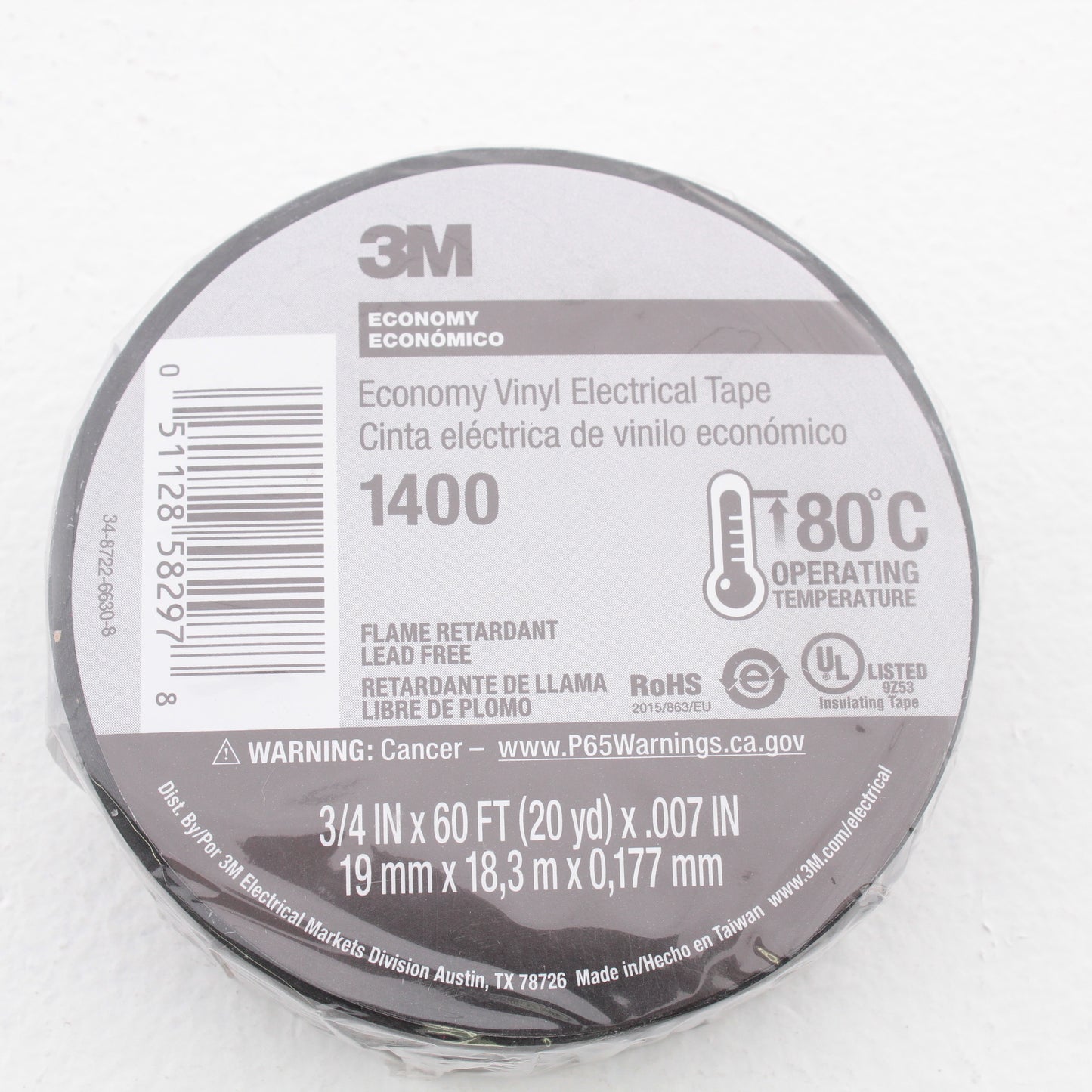 3M Black Vinyl Electrical Tape 1400 Economy 3/4" x 60ft 7mil PVC Backing RoHS
