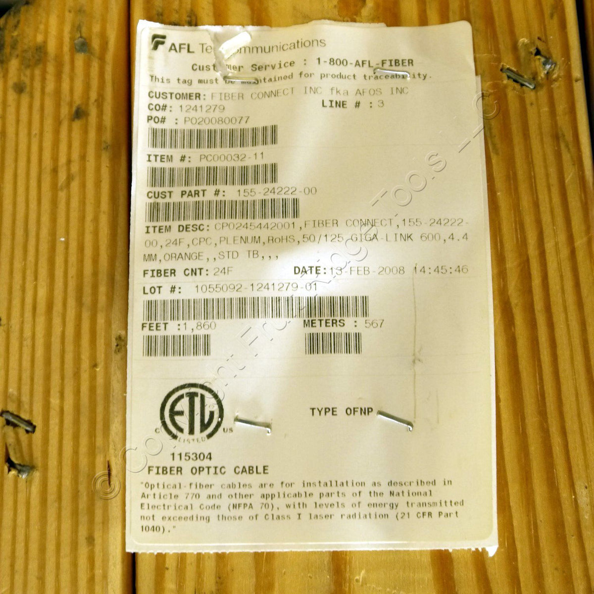 1860ft AFL Single-Unit 24-Fiber Plenum MM CPC Circular Premise Fiber Optic Cable
