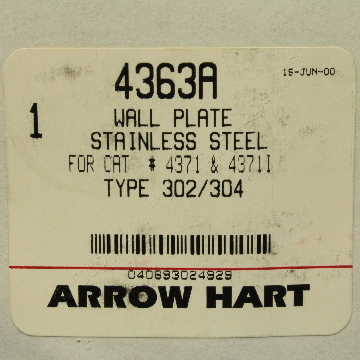 Arrow Hart 302/304 Stainless Steel Manual Contactor Switch Wallplate Cover 4371