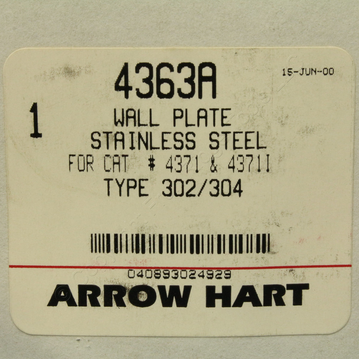Arrow Hart 302/304 Stainless Steel Manual Contactor Switch Wallplate Cover 4371