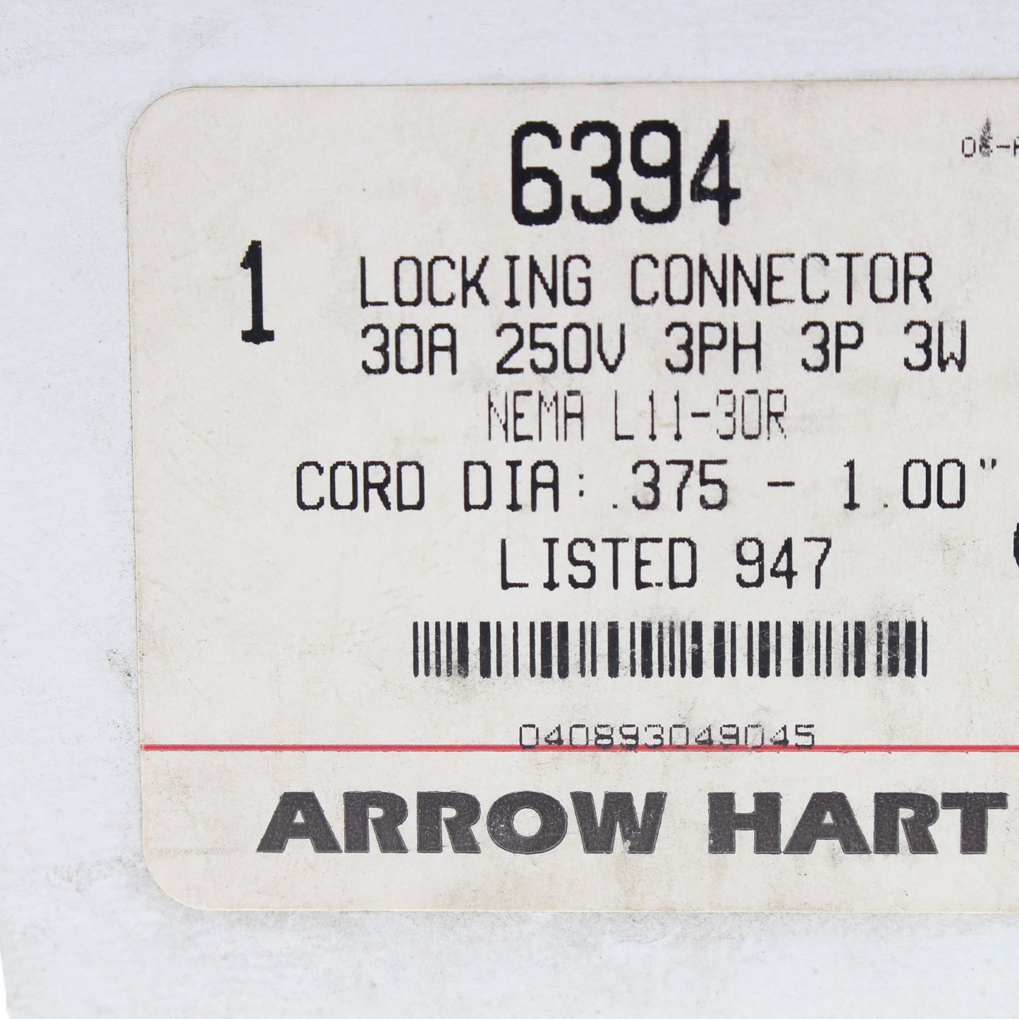 Arrow Hart Lock Twist Turn Locking Plug Connector L11-30R 30A 250V 3� 6394