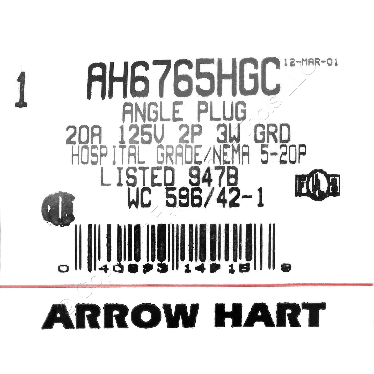 Arrow Hart Hospital Grade Right Angle Clear Plug 5-20P 20A 125V 6765HG