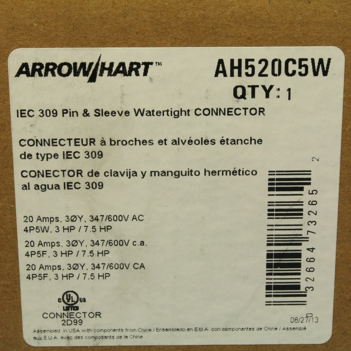 Arrow Hart IEC 309 Pin & Sleeve 20A 347/600V 3ØY Watertight Connector AH520C5W