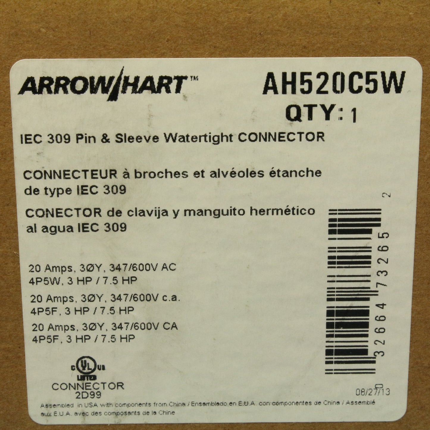 Arrow Hart IEC 309 Pin & Sleeve 20A 347/600V 3�Y Watertight Connector AH520C5W