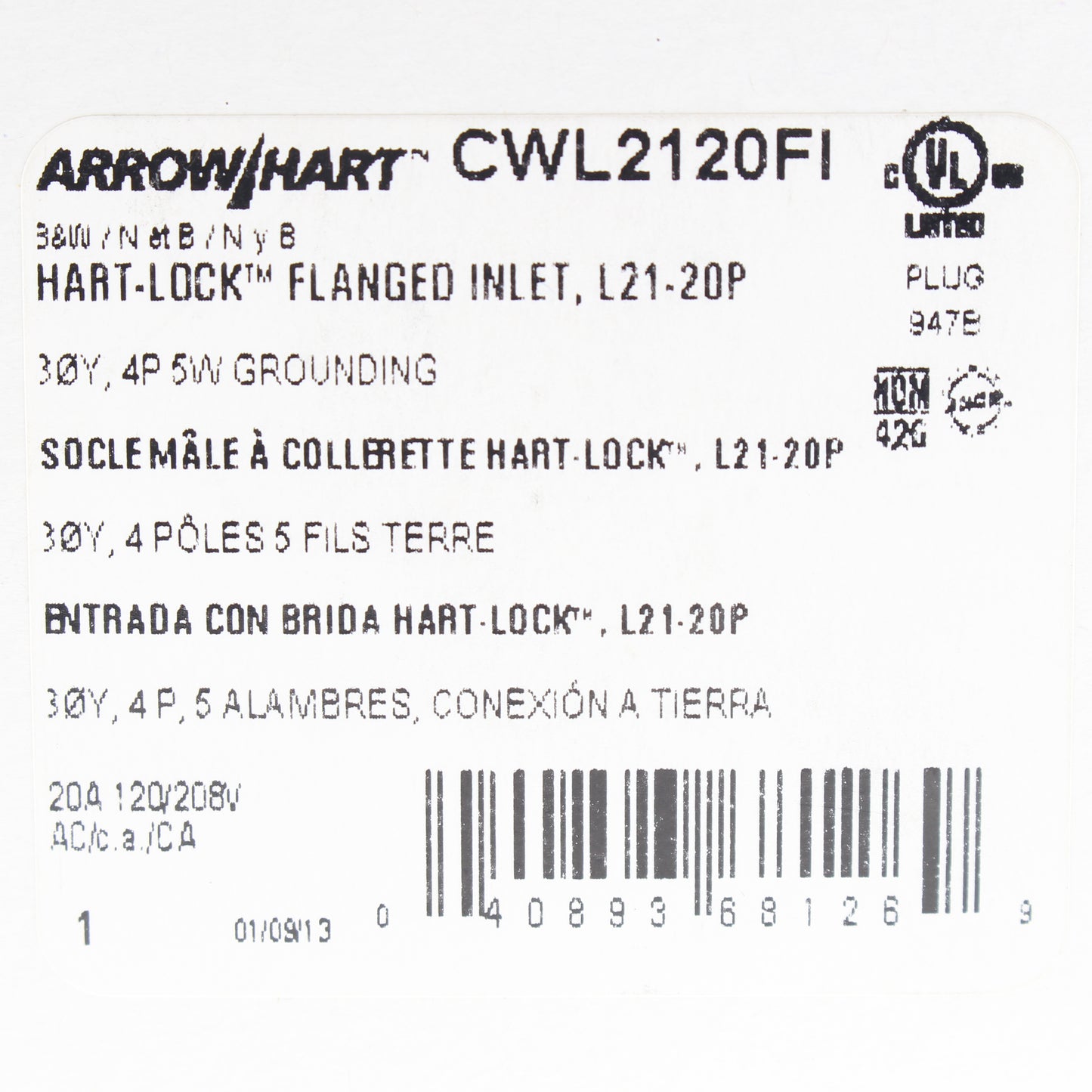 Arrow Hart Industrial Locking Flanged Inlet 20A 120/208V 3�Y CWL2120FI