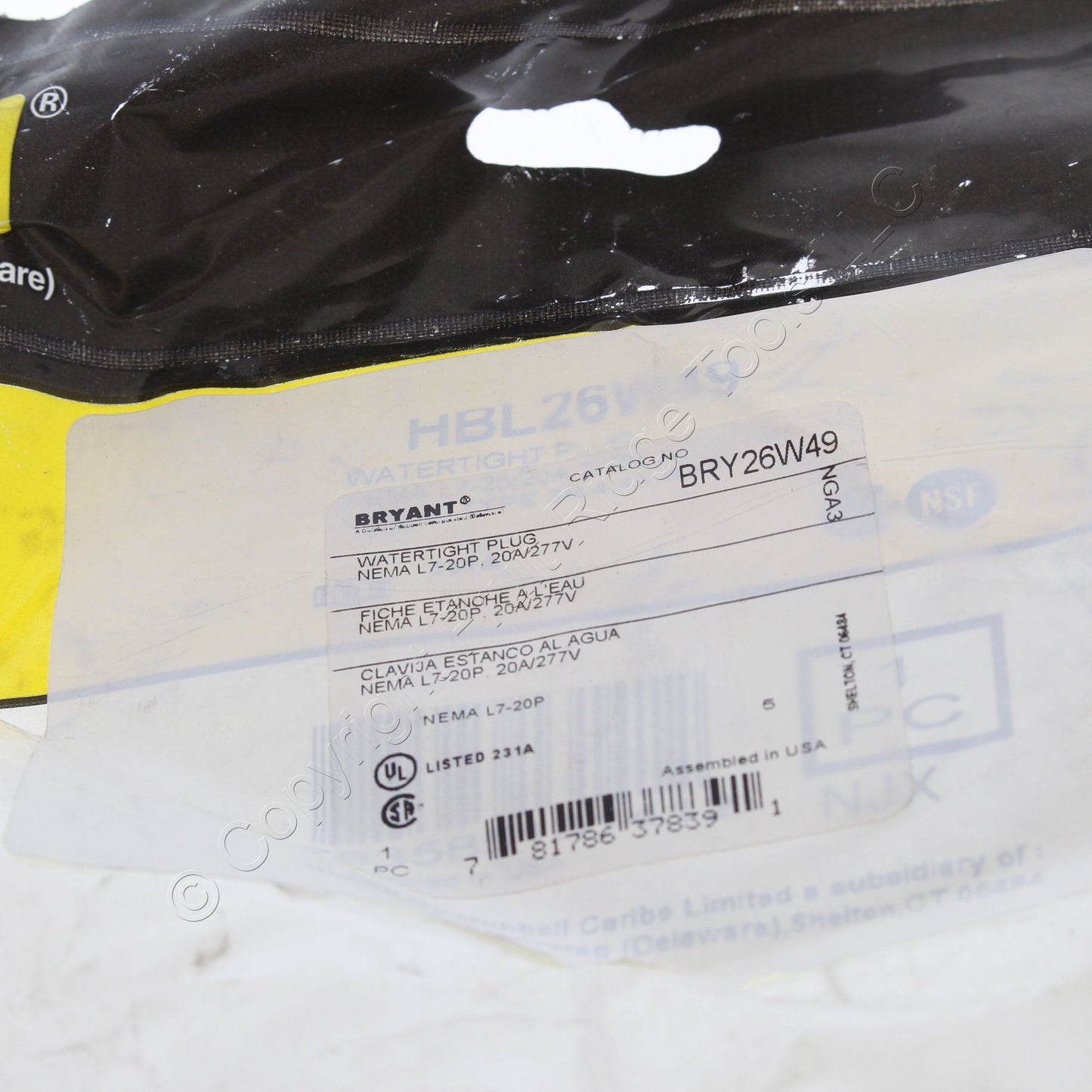 Bryant Watertight Twist Turn Locking Plug Nema L7-20P 20A 277V 26W49