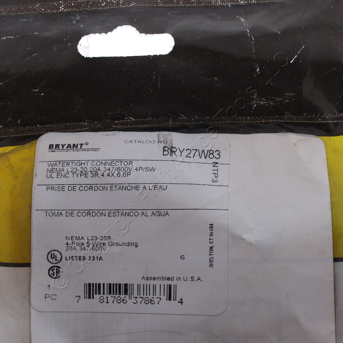 Bryant Watertight Turn Locking Connector Nema L23-20R 20A 3�Y 347/600V 27W83