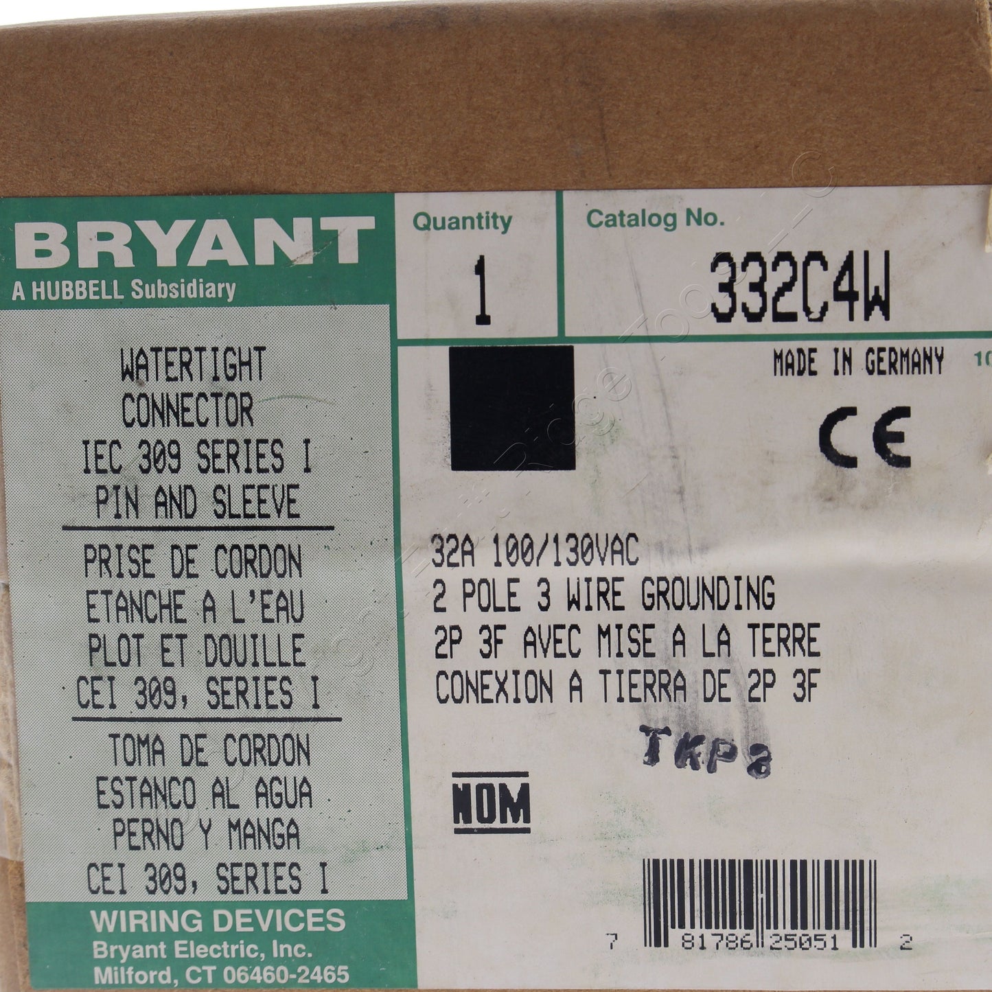 Bryant Watertight Pin & Sleeve Connector Female Plug 32A 100-130V 2P3W 332C4W