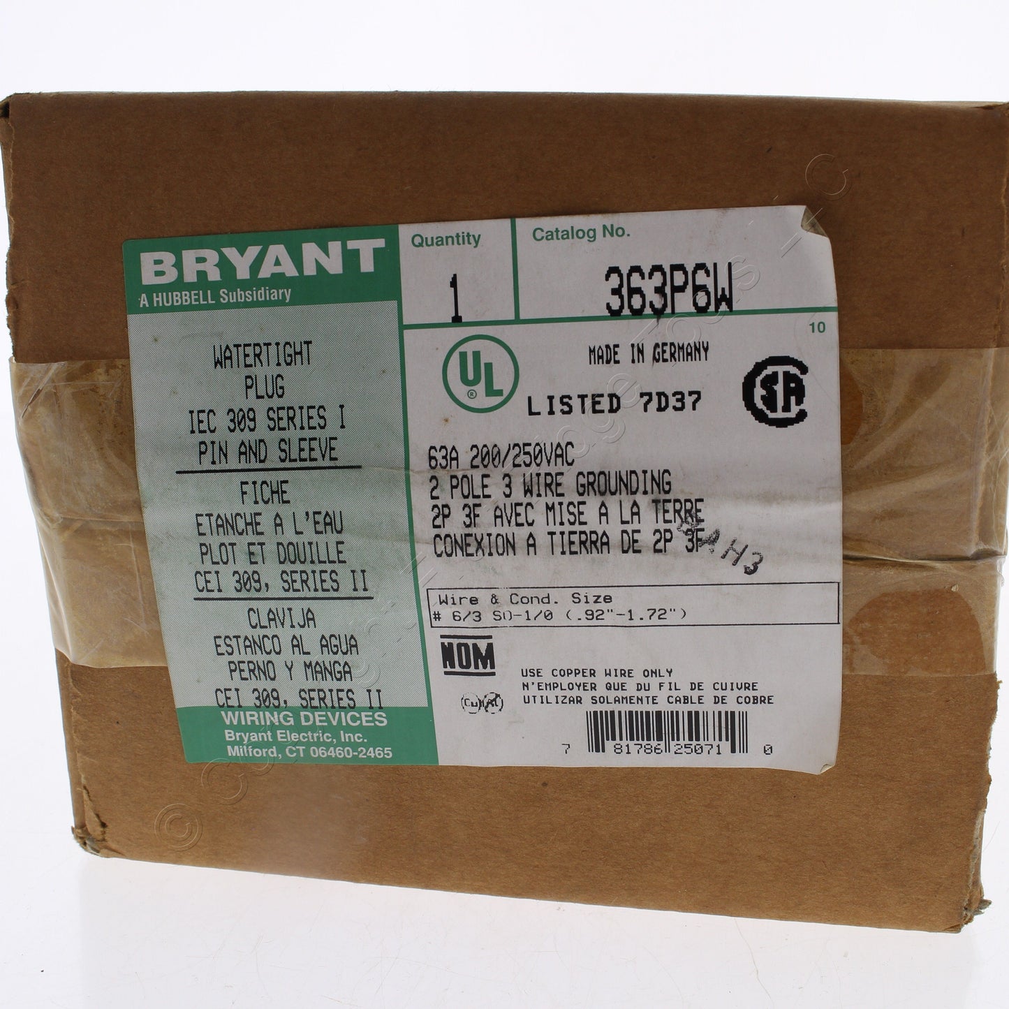 Bryant Watertight IEC 309 Pin & Sleeve Male Plug 63A 200-250V 2P3W 363P6W