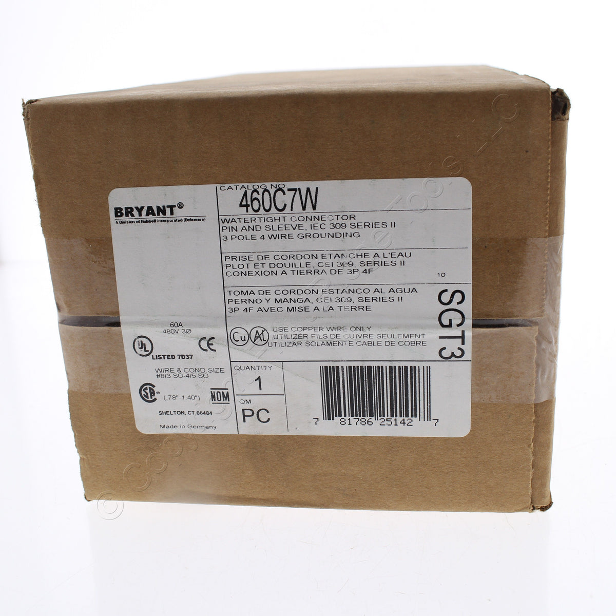 Bryant 460C7W Watertight IEC Pin & Sleeve Connector Female Plug 60A 480V 3Ø 3P4W