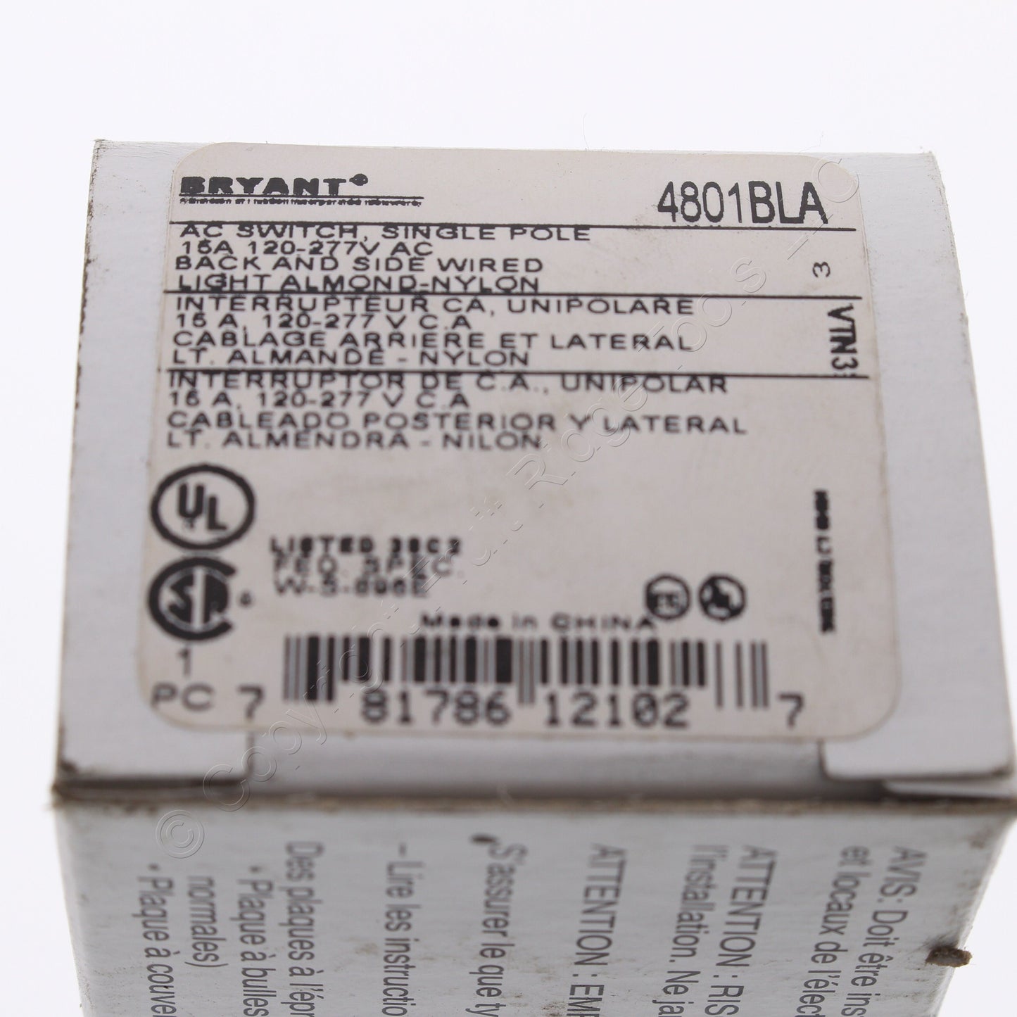 Bryant Lt Almond Toggle Switch Single Pole Industrial Grade 15A 120/277V 4801BLA