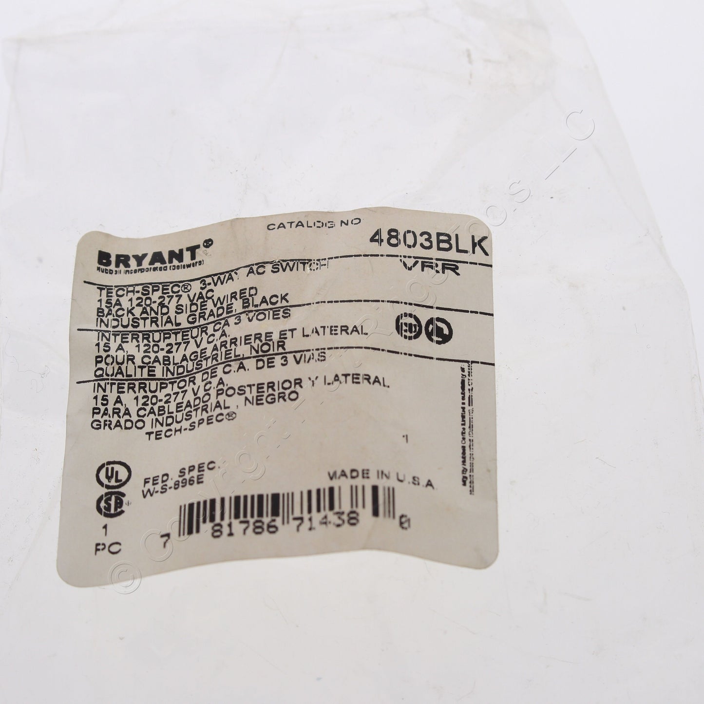 Bryant Black Industrial 3-Way Toggle Wall Light Switch 15A 120/277V 4803-BLK