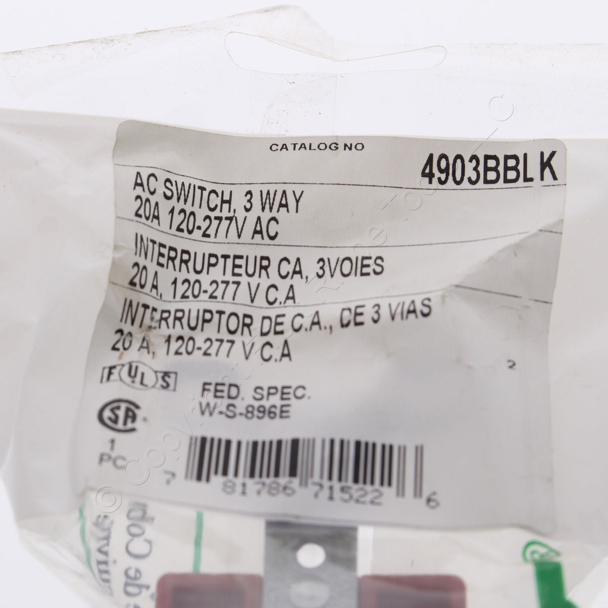 Bryant 4903BBLK Black Toggle Light Switch 3-Way Industrial Grade 20A 120/277V
