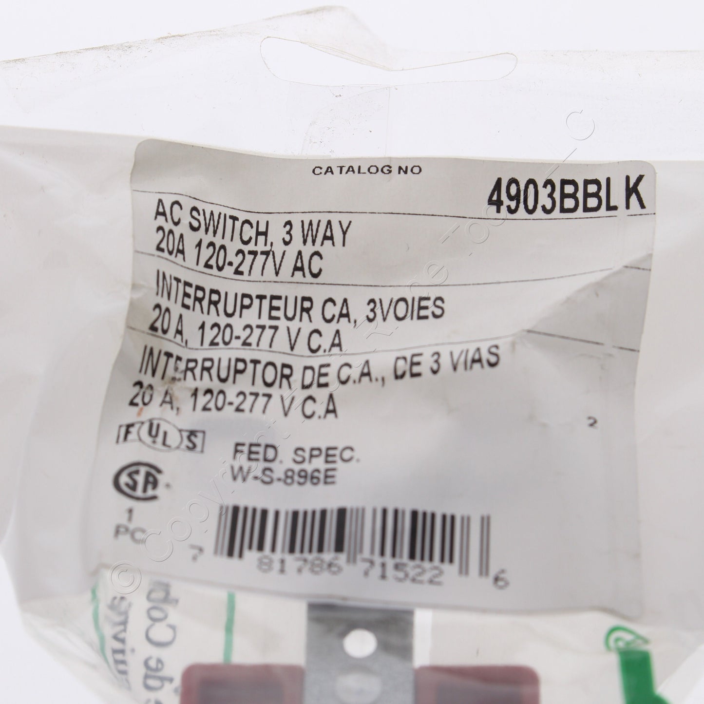 Bryant 4903BBLK Black Toggle Light Switch 3-Way Industrial Grade 20A 120/277V