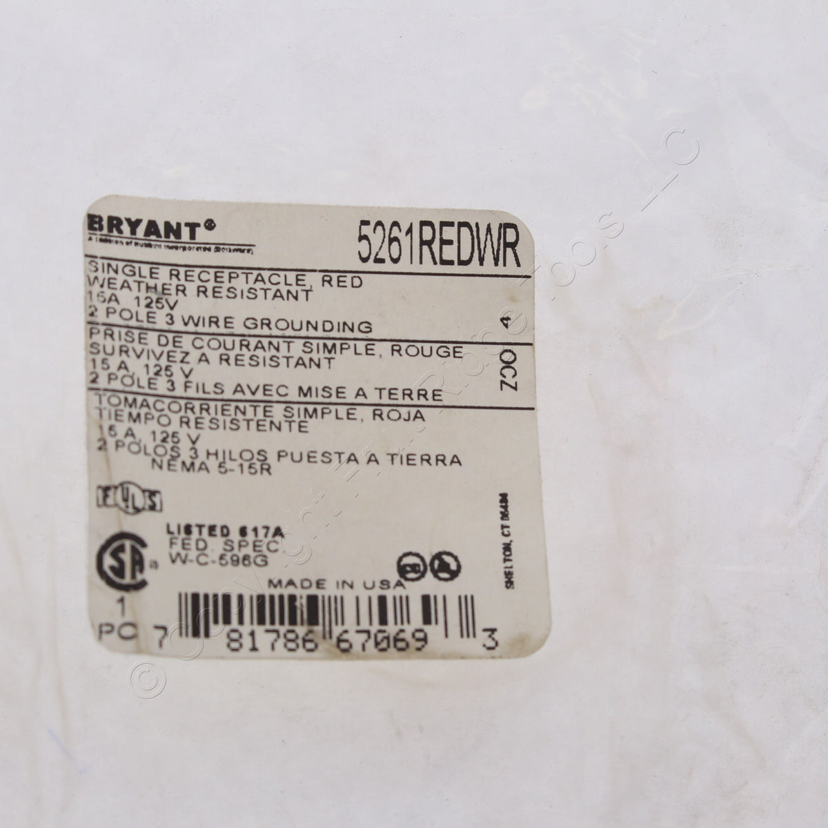 Bryant Red Industrial Single Receptacle Weather Resistant 15A 125V 5261RedWR