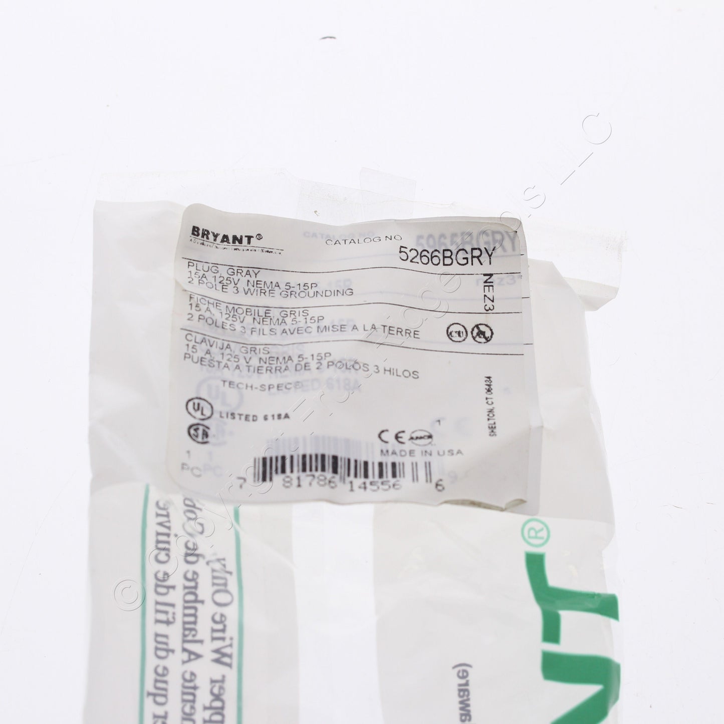 Bryant Hubbell Gray Industrial Straight Blade Plug Nema 5-15P 15A 125V 5266BGRY