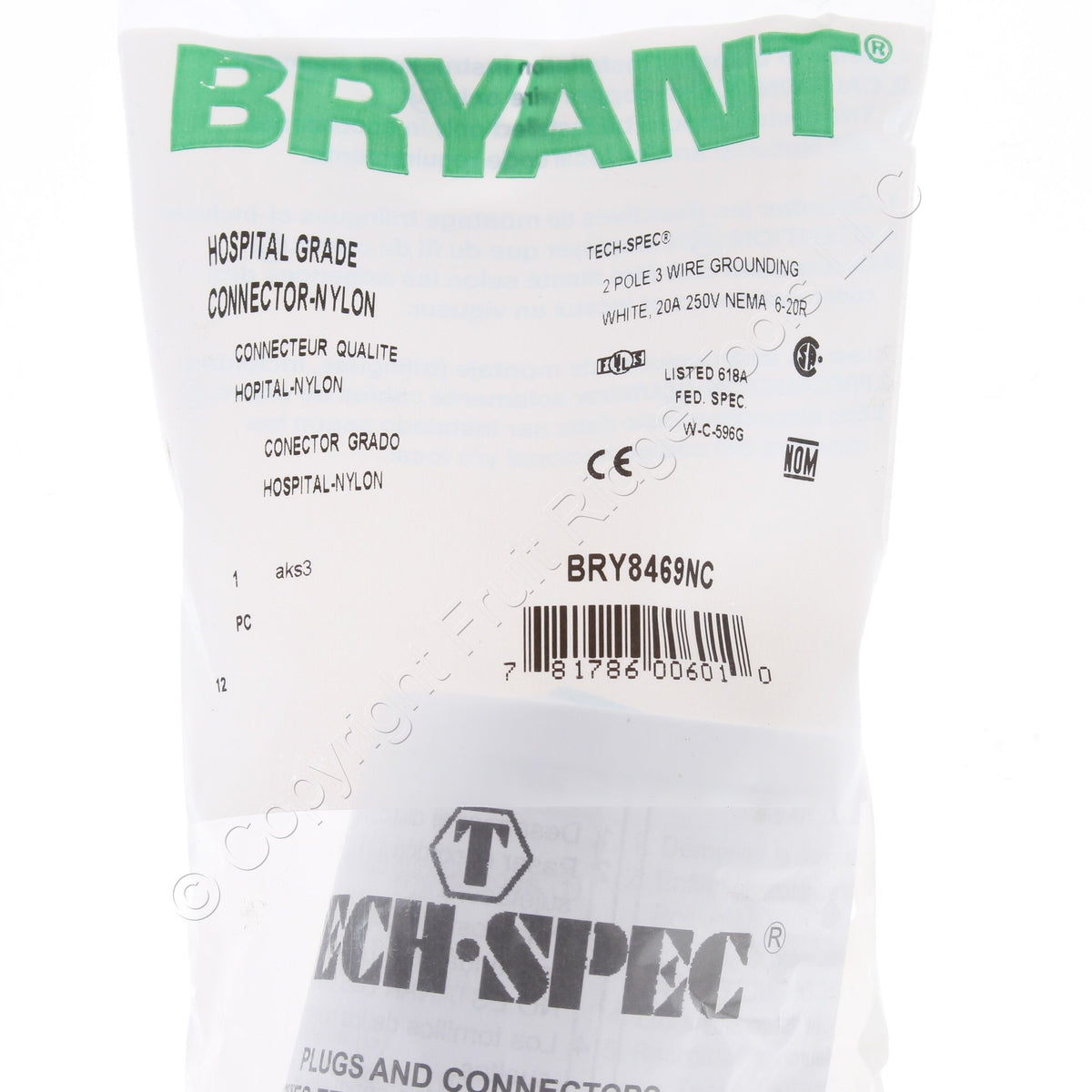 Bryant White Hospital Grade Straight Blade Connector Plug 20A 250V 6-20R 8469NC