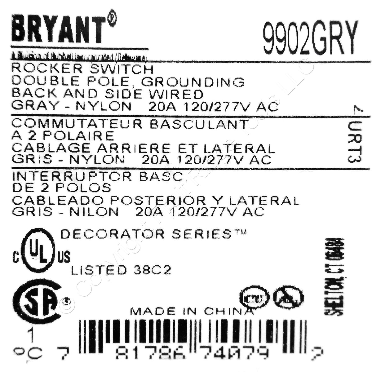 Hubbell Bryant 9902GRY Gray Industrial Rocker Switch Double Pole 20A 120/277V