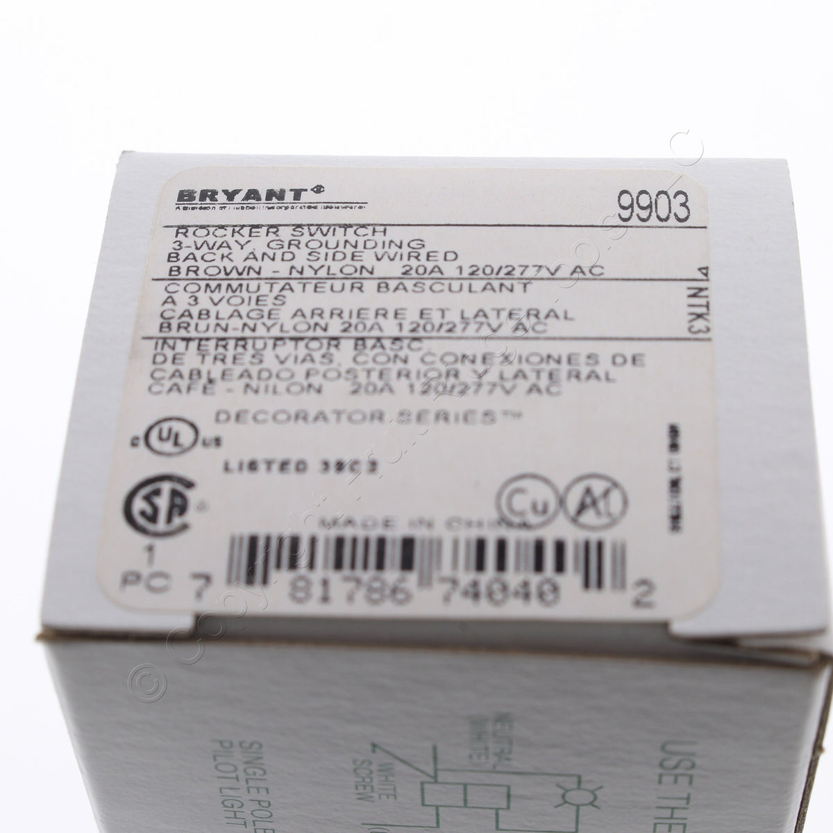 Hubbell Bryant 9903 Brown Industrial Decorator Rocker Switch 20A 3-Way 120/277V