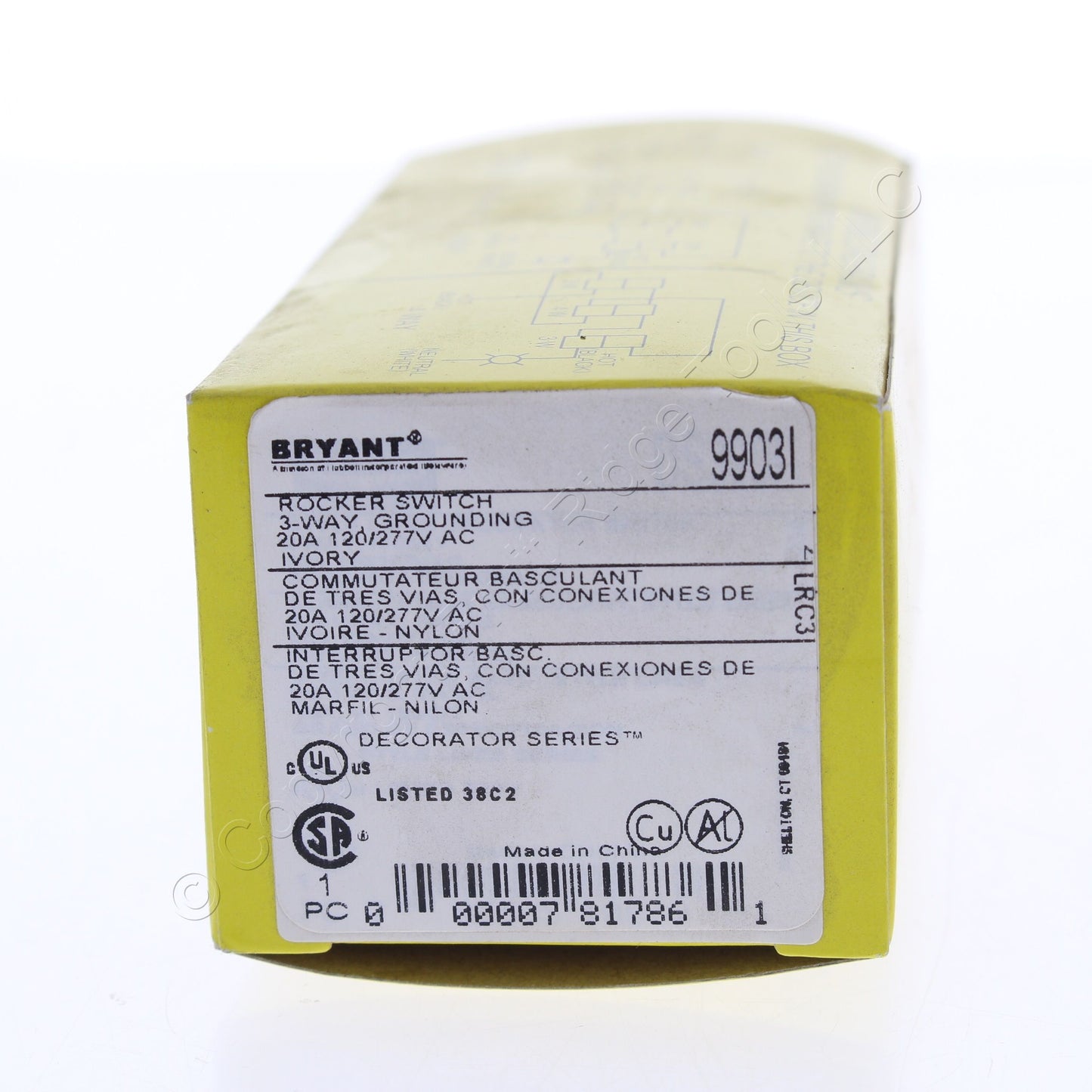 Hubbell Bryant 9903I Ivory Industrial Rocker Light Switch 20A 3-Way 120/277V