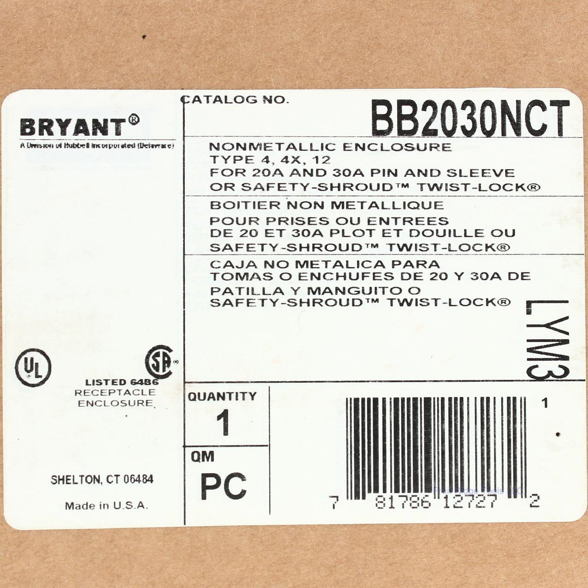 Bryant/Hubbell Backbox for 20A 30A IEC Pin & Sleeve Receptacle/Inlet BB2030NCT