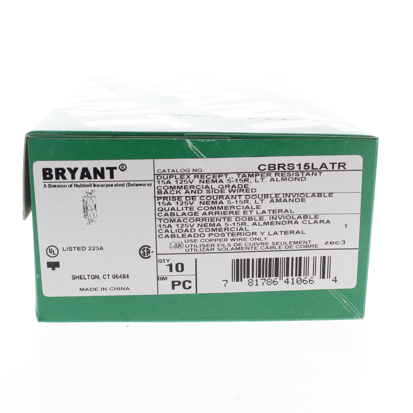 10 Bryant CBRS15LATR Light Almond Commercial TR Smooth Face 5-15R Duplex Outlets