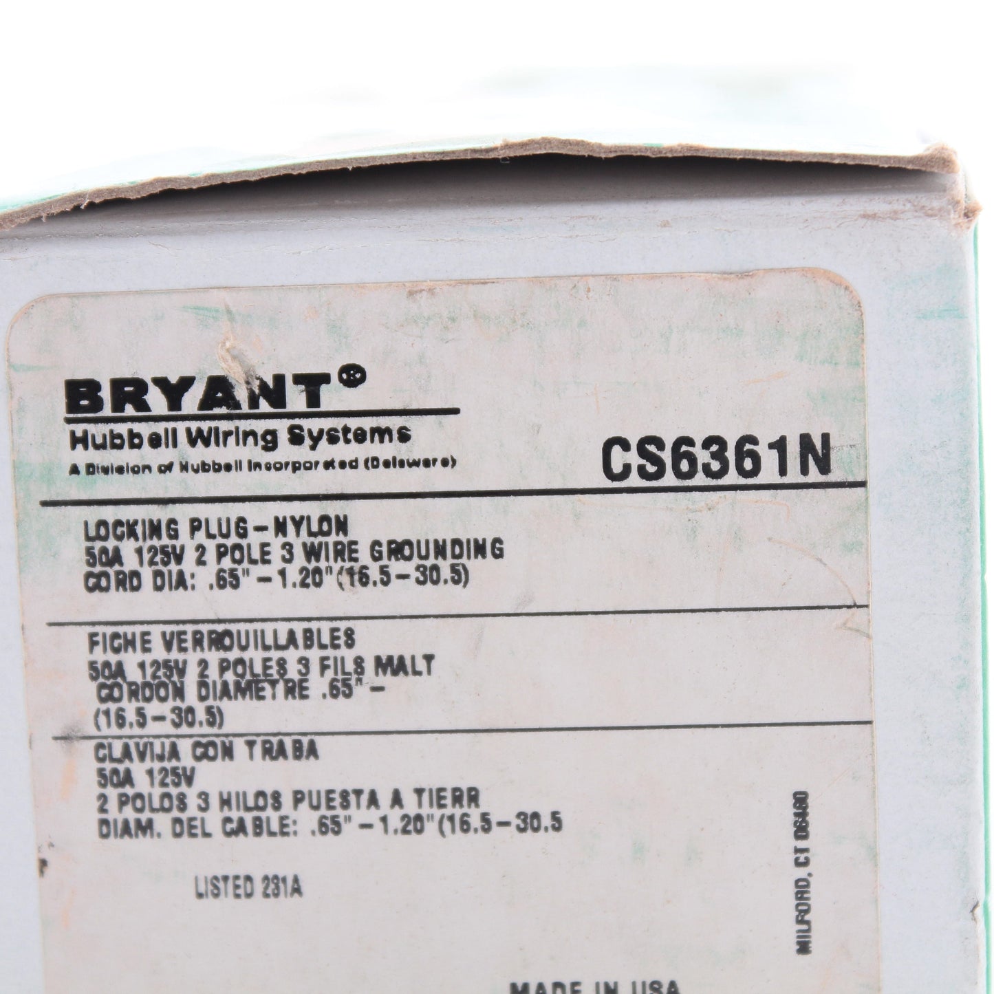 Bryant CS6361N Twist Turn 50A Locking Connector Plug Non-Nema 125V Grounding