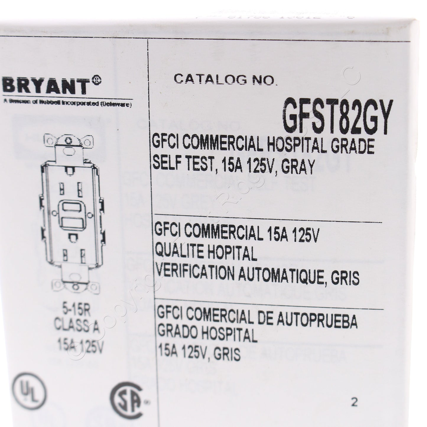 Bryant Gray Hospital Grade Self-Test Gfci Receptacle Duplex Outlet 15A GFST82GY