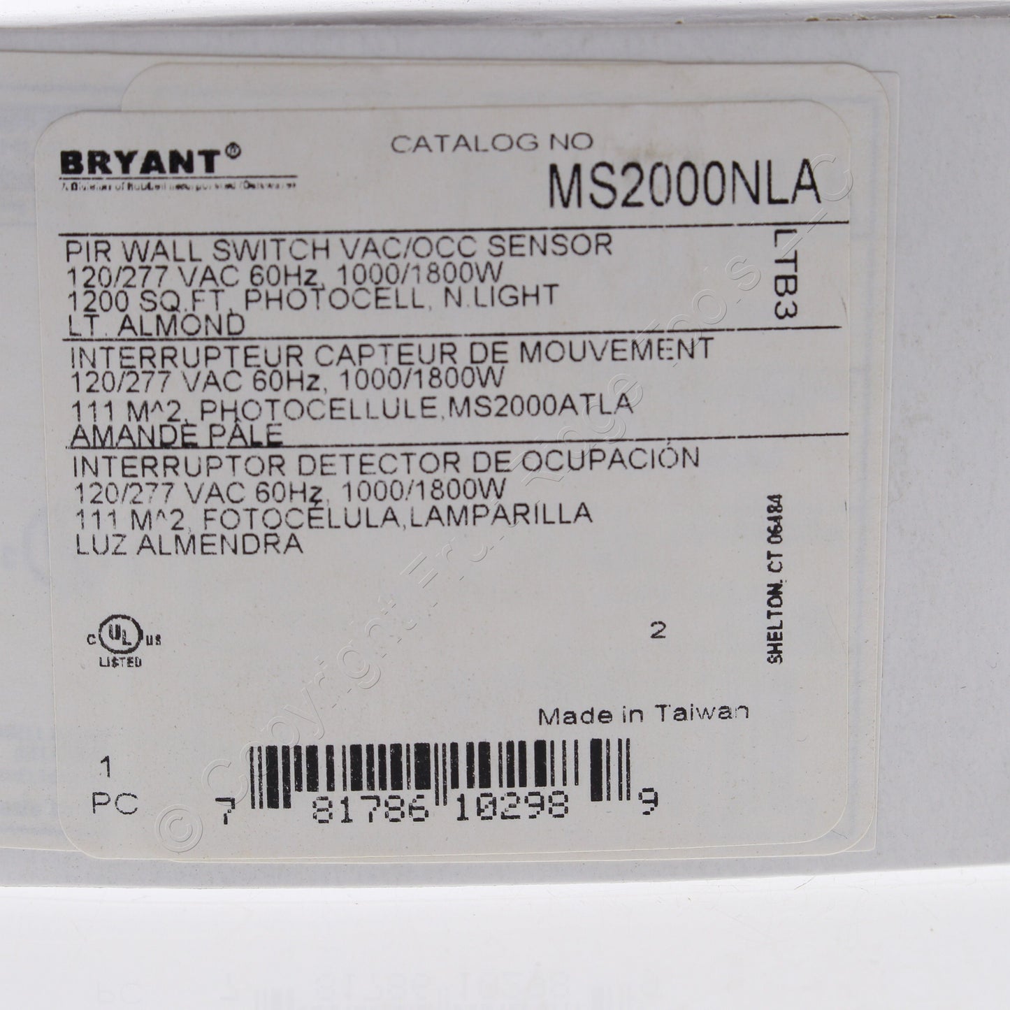 Bryant MS2000NLA Lt Almond Occupancy Sensor Switch Night Light 120/277V 180� PIR