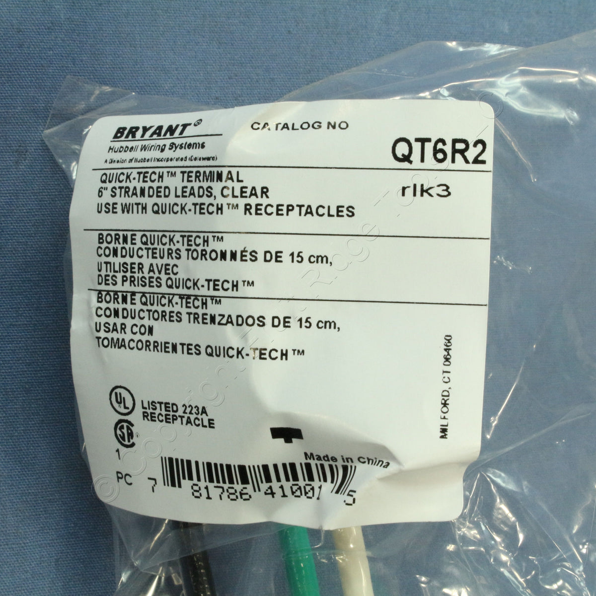Bryant Quick-Tech Receptacle Pigtail Wiring Harness 6" Leads QT6R2