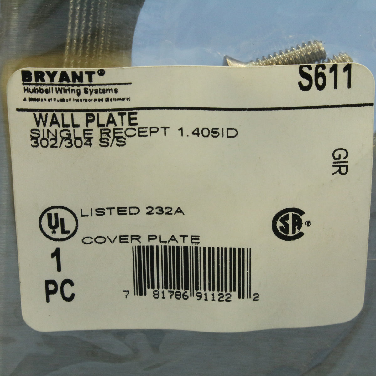 Bryant S611 Non-Magnetic Stainless Steel 1-Gang 1.405 Receptacle Wallplate Cover