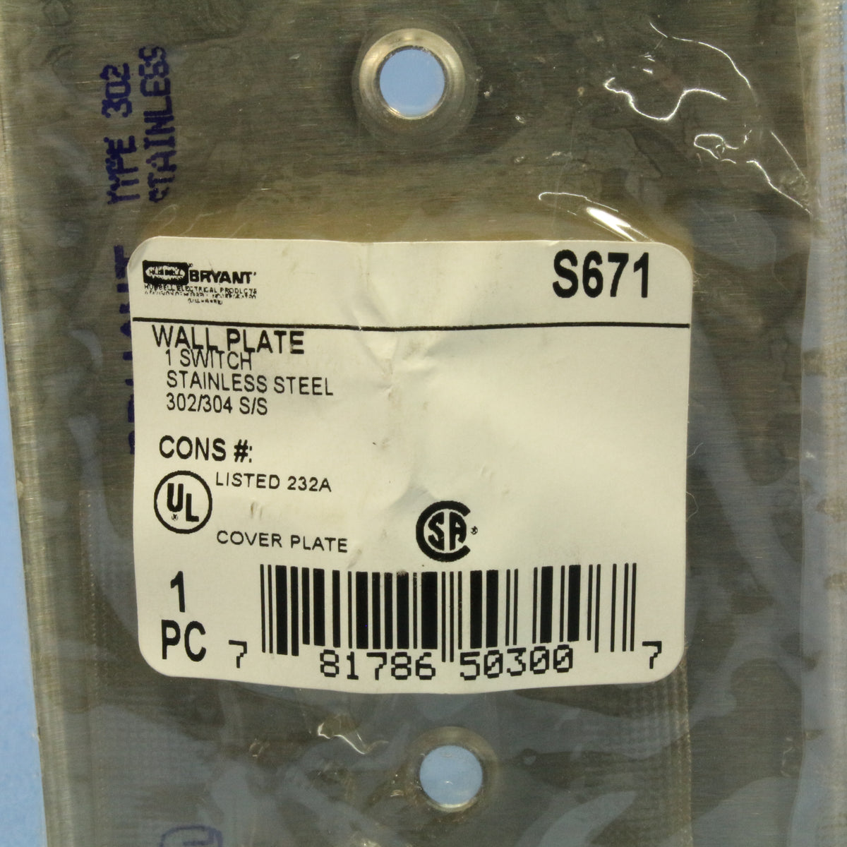 Bryant Non-Magnetic Stainless Steel 1-Gang Toggle Switch Cover Wallplate S671