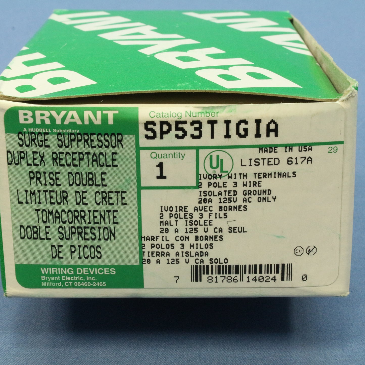 Bryant SP53TIGIA Ivory Isolated Ground Surge Suppressor 20A Duplex Receptacle