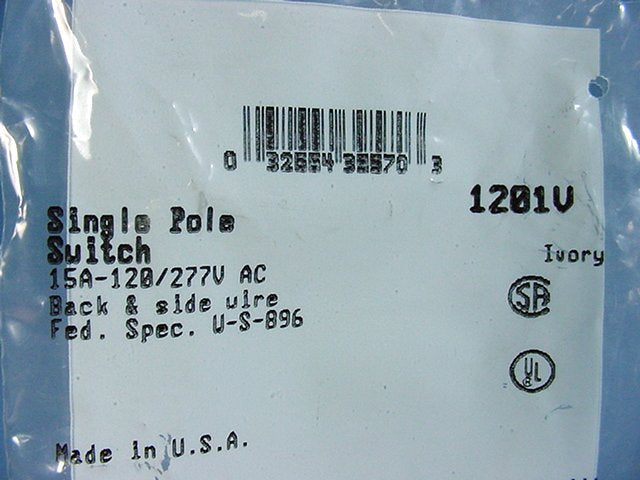 Cooper 1201V Ivory Industrial Toggle Wall Light Switch Single Pole 15A 120/277V