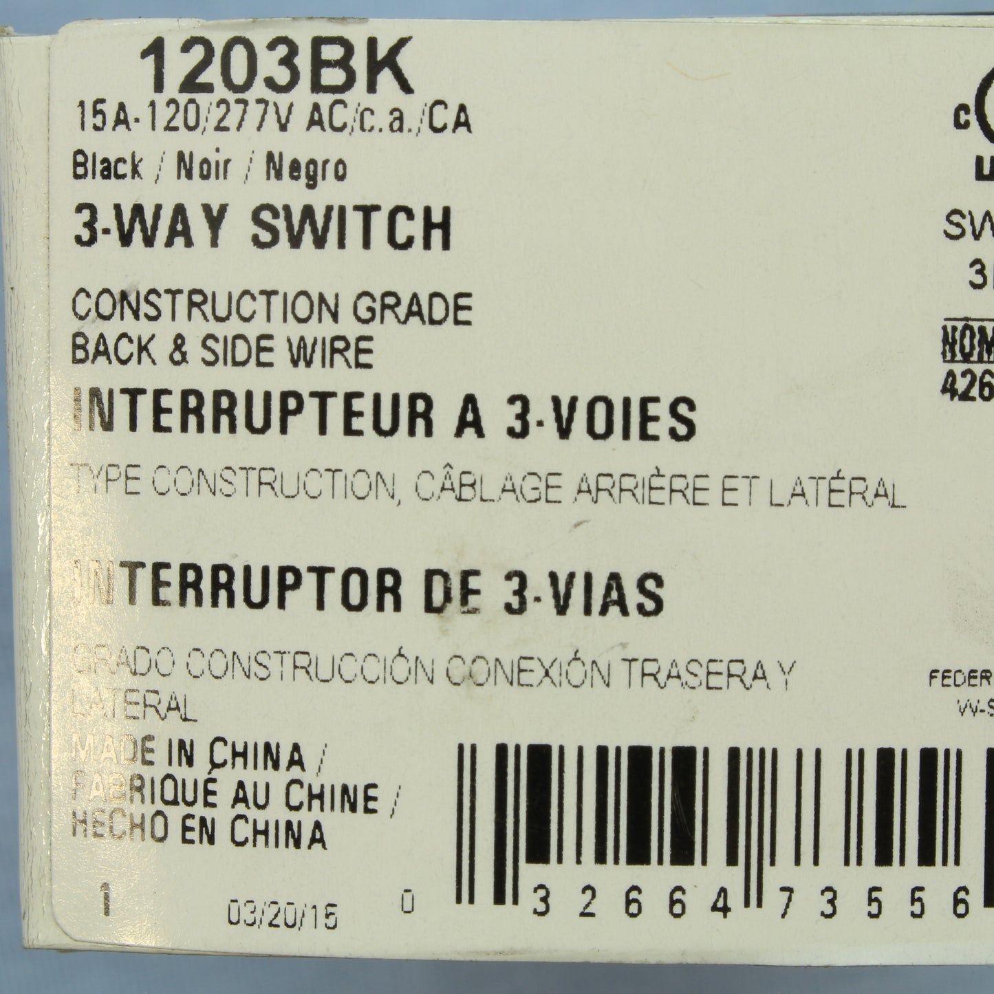 Cooper 1203BK Black Commercial Grade 3-Way Toggle Light Switch 15A 120/277V B&S