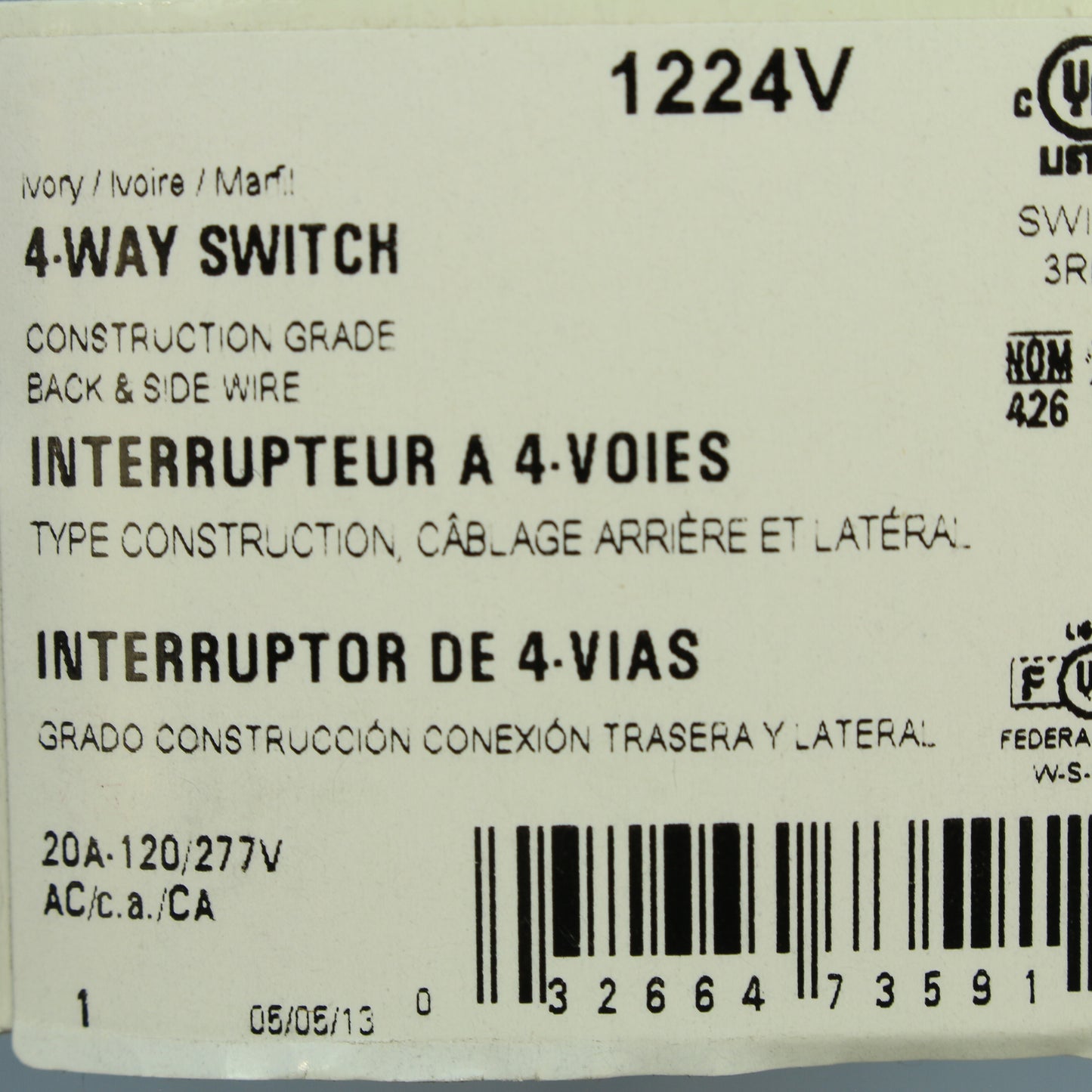 Cooper 1224V 4-Way Ivory Industrial Grade Toggle Switch 20A Back & Side Wired