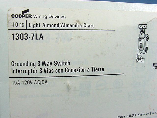 Cooper 1303-7LA Light Almond Toggle Wall Light Switches 3-Way 15A 120V 10-Pack
