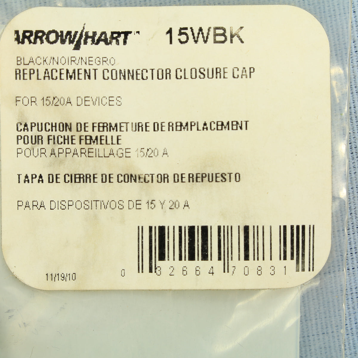 Cooper Watertight Black Closure Cap Connector 15/20A Straight 15A Hartlock 15WBK