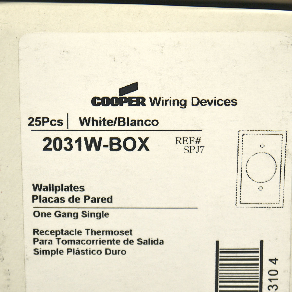 Cooper 2031W White 1-Gang 1.406in. Outlet Plastic Mid-Size Wallplate Cover 25pcs