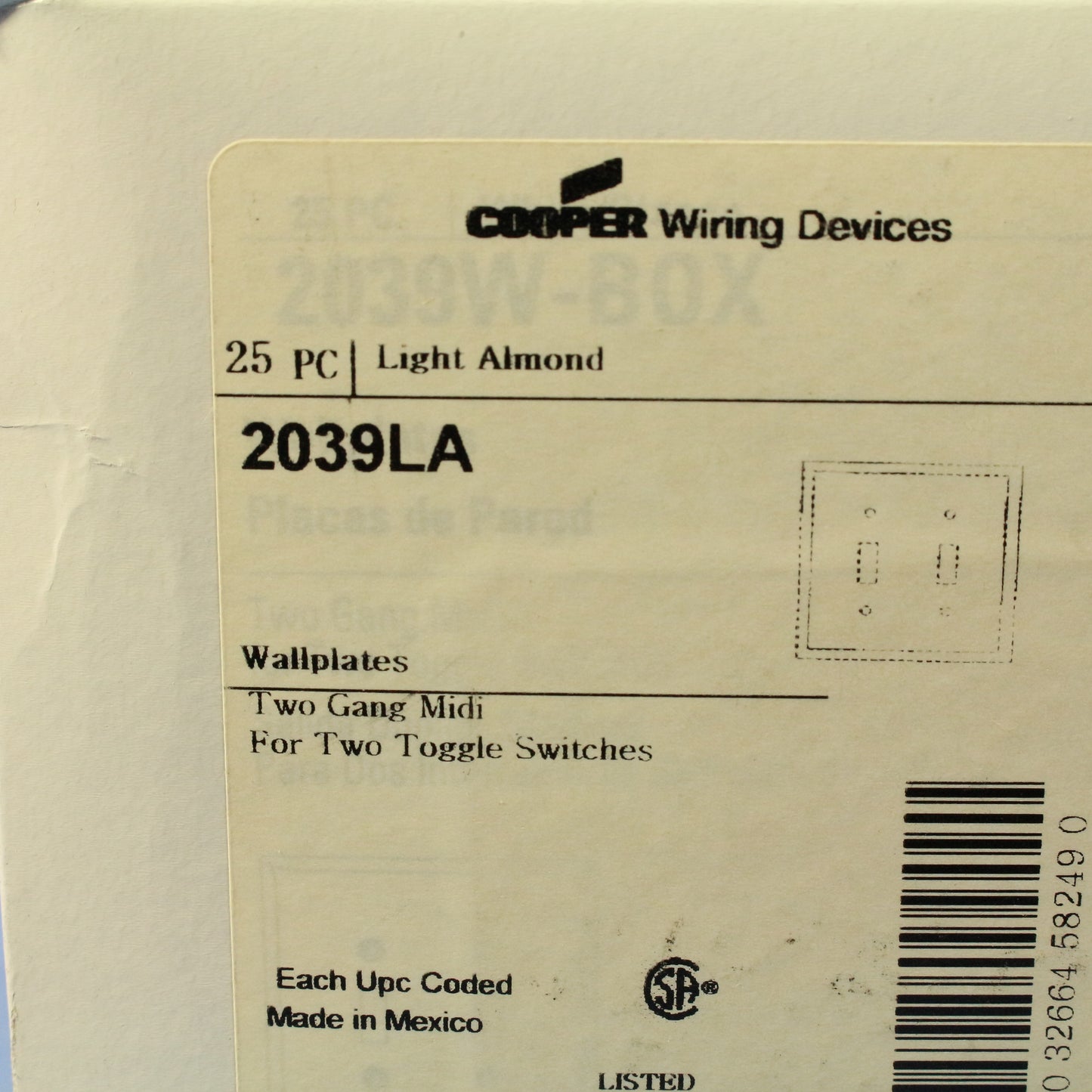 Cooper 2039LA Light Almond 2-Gang Toggle Plastic Mid-Size Wallplate Cover 25pcs