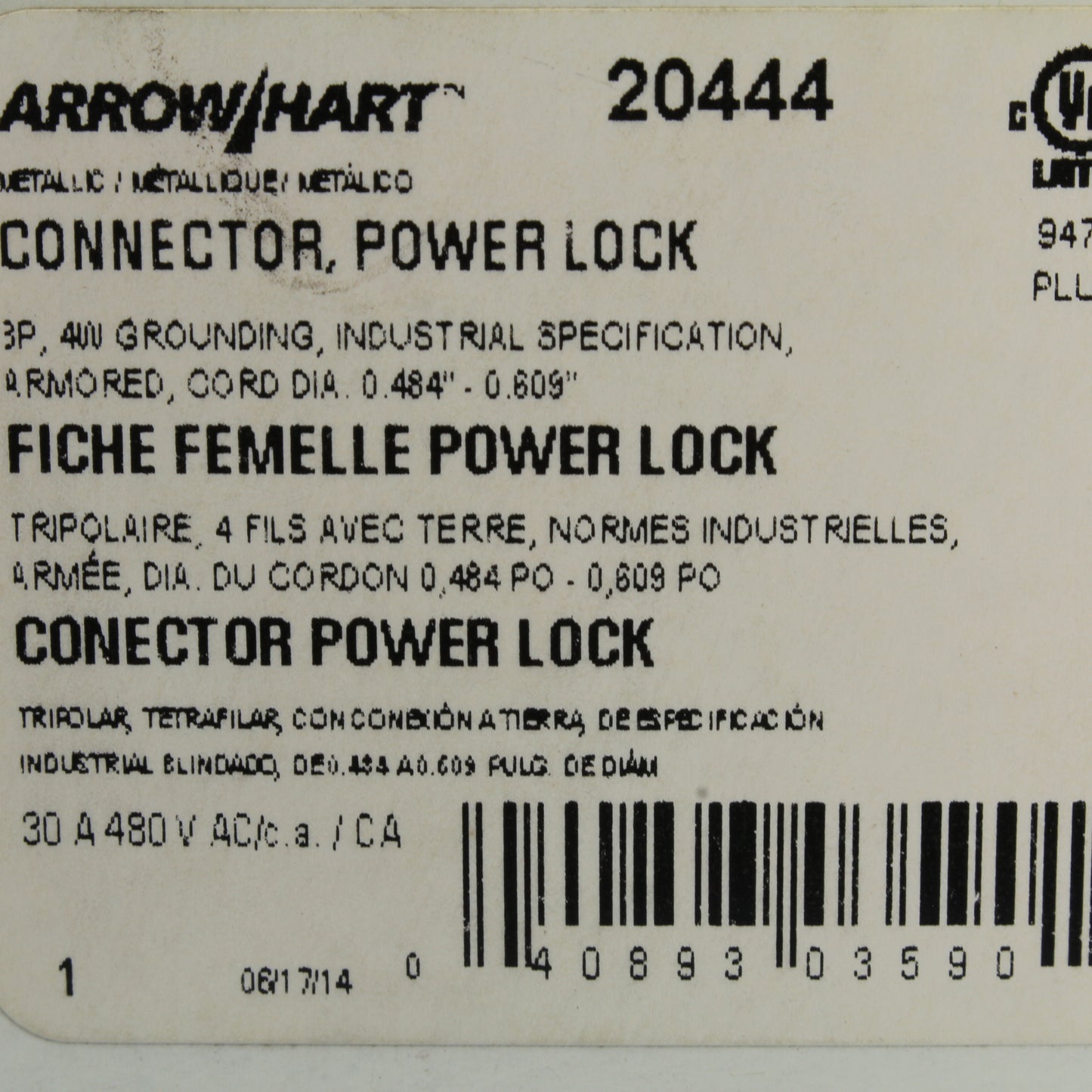 Cooper 20444 Red Industrial 30A 480V 3-Pole Grounded Powerlock Armored Connector