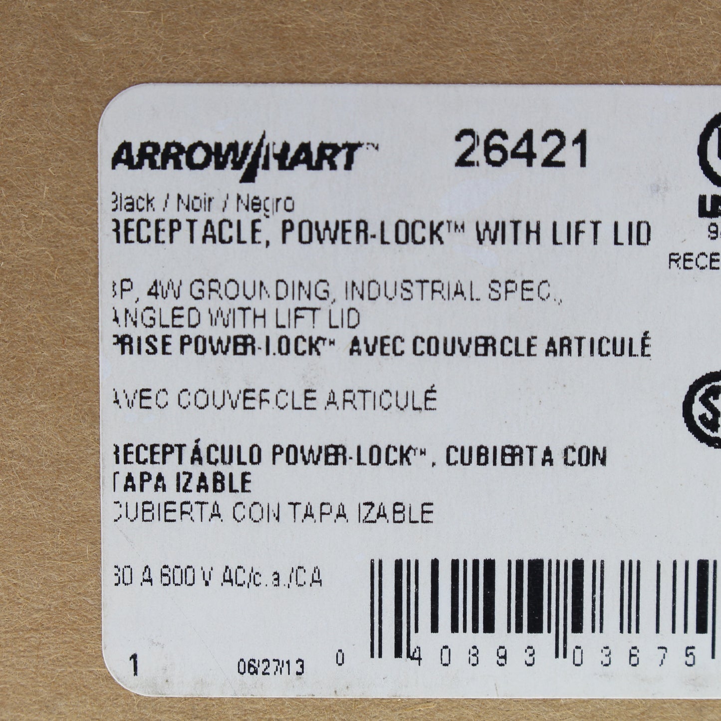 Cooper 26421 Gray Industrial Receptacle Angled W/Lid Powerlock 60A 600V 3P4W