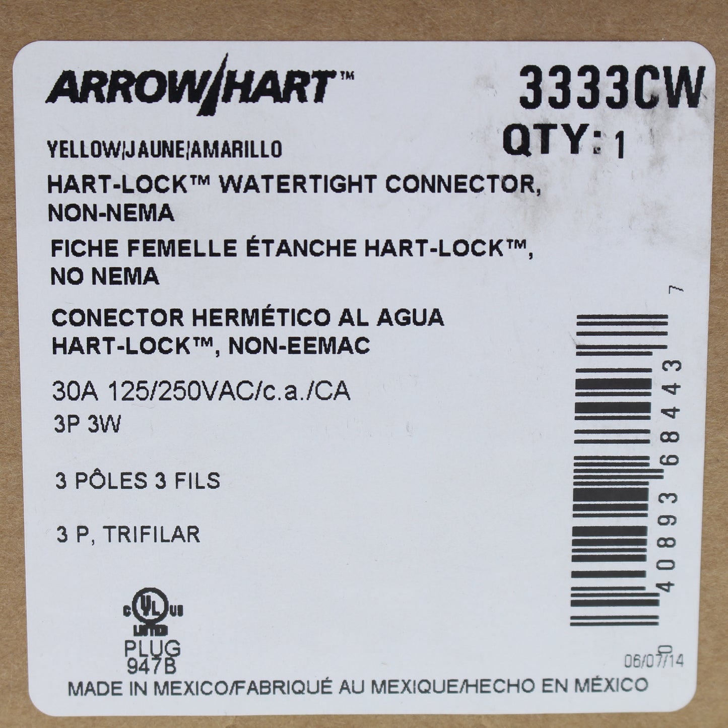 Cooper 3333CW Yellow Watertight Thermoplastic Locking Connector 30A 125/250V