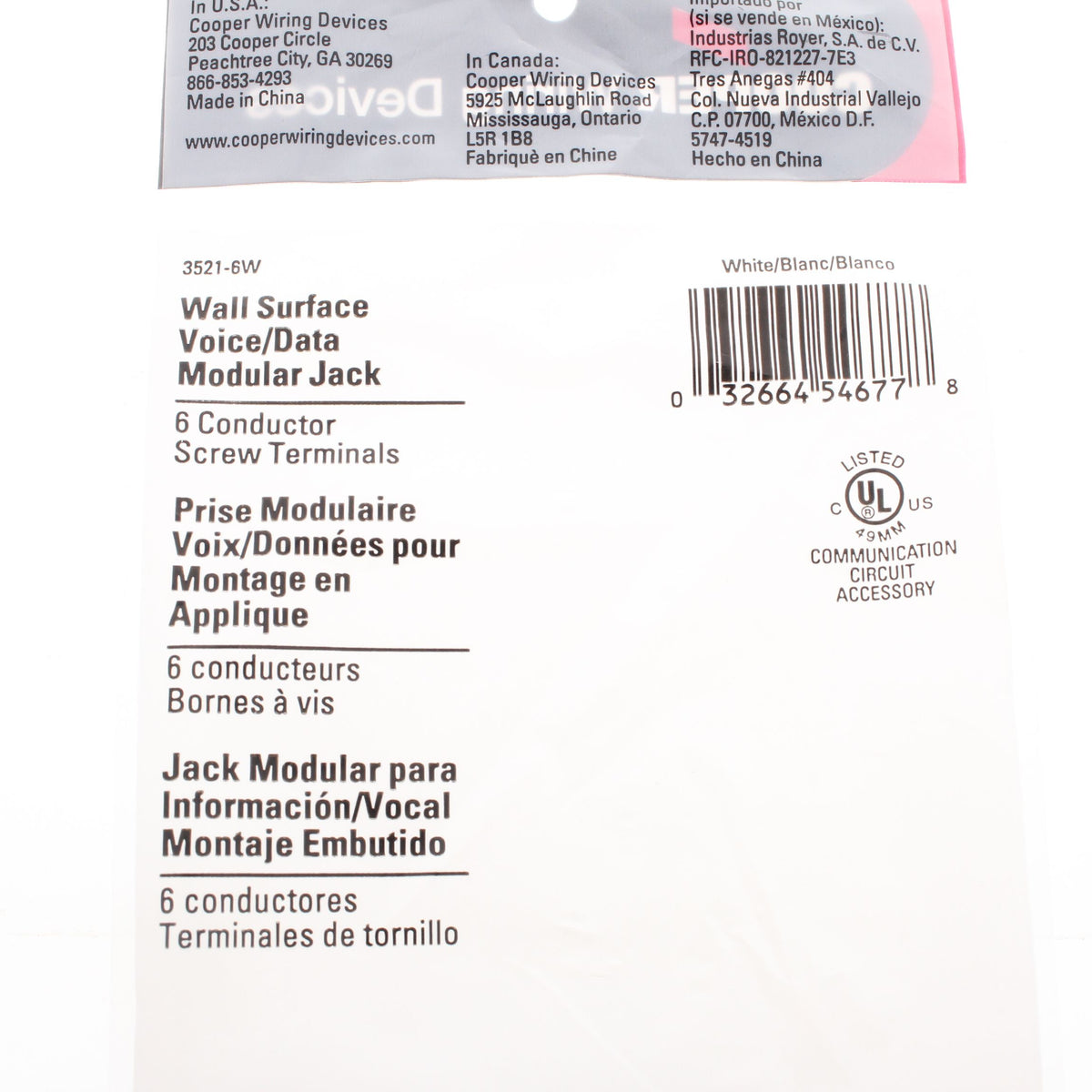 Cooper 3521-6W White 1-Gang 6-Conductor Phone Jack Wall Mounting Plate Type 630A