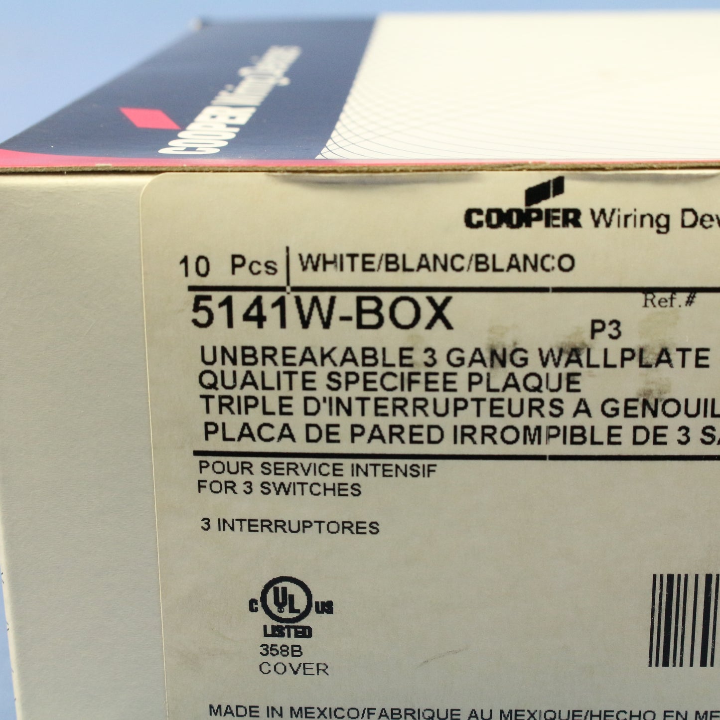 Cooper 5141W White 3-Gang Toggle Switch Cover Unbreakable Nylon Wallplates 10pcs