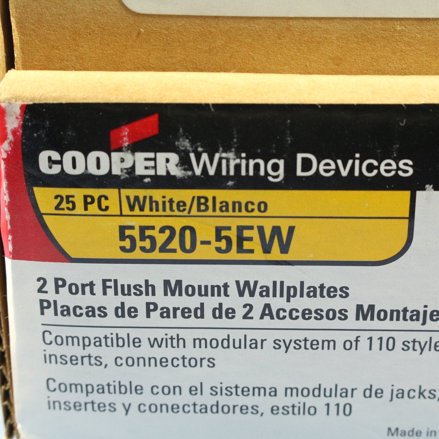 Cooper 5520-5EW White 1-Gang Modular 2-Port Thermoplastic Nylon Wallplates 25pcs