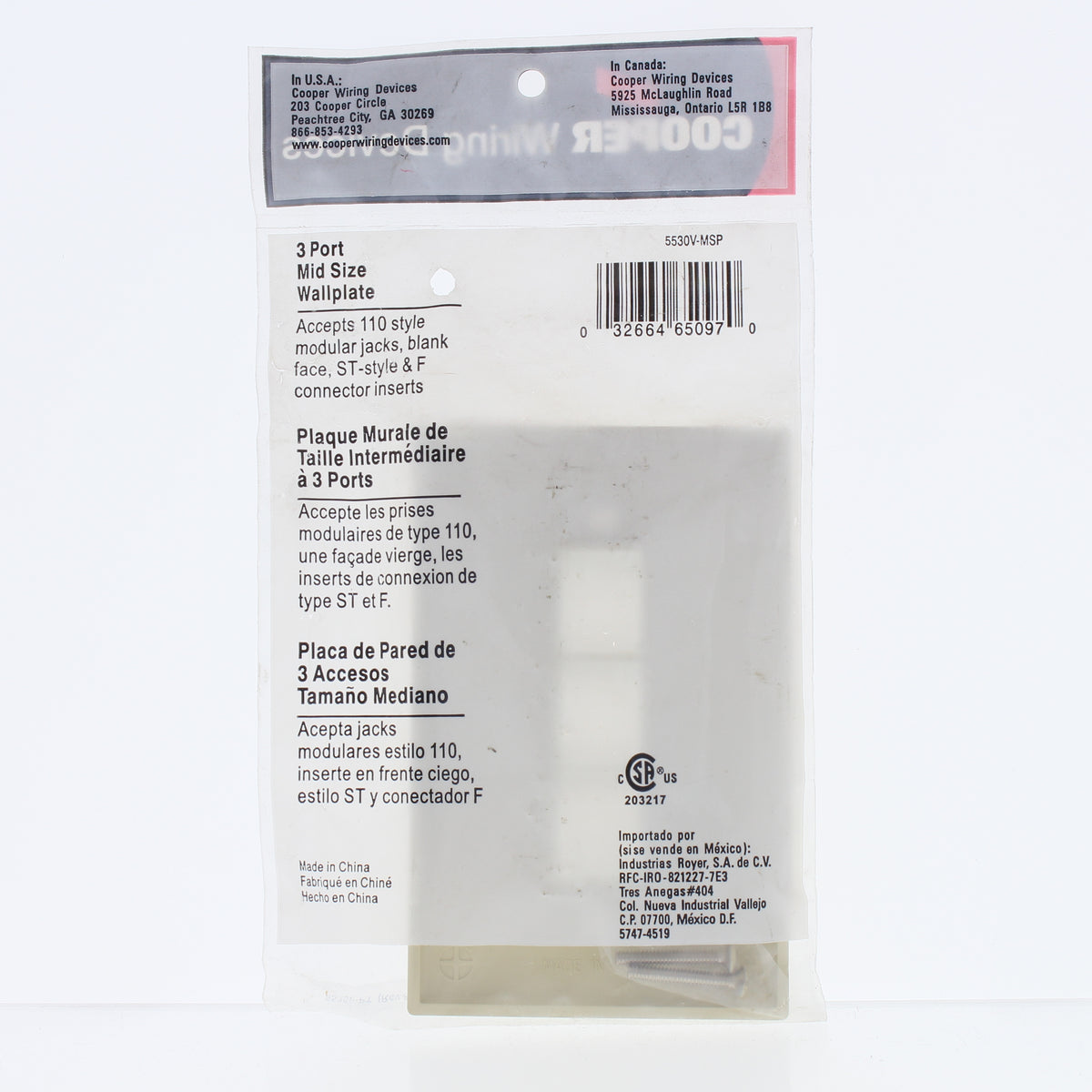 Cooper 5530V-MSP Ivory 1-Gang 3-Port Nylon Wallplate Mid-Size Flush Mount Cover