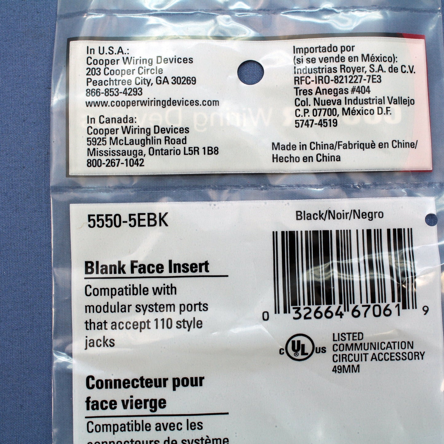 Cooper Black Modular Wallplate Blank 1-Port Filler Adapter Insert 5550-5EBK