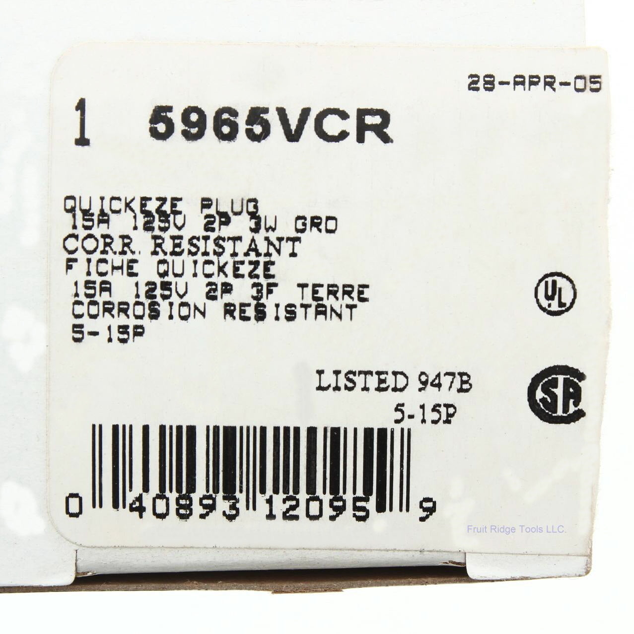 Cooper Yellow Nylon Male Quickeze Corrosion Resistant Plug 15A 125V 2P3W 5965VCR