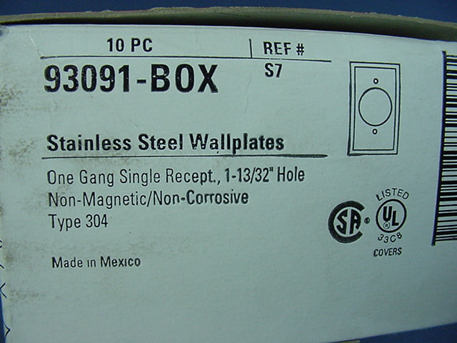 Cooper 93091 Stainless Steel 1.40" Single Receptacle Outlet Wallplates 10pk
